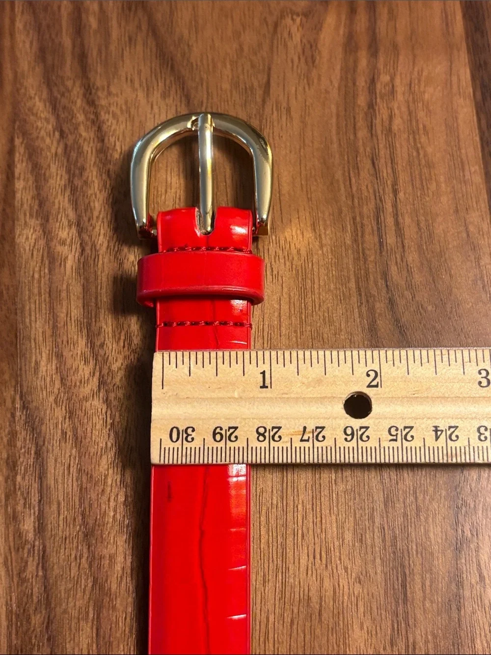 Embossed Red Patent Leather Slim Belt with Gold Buckle